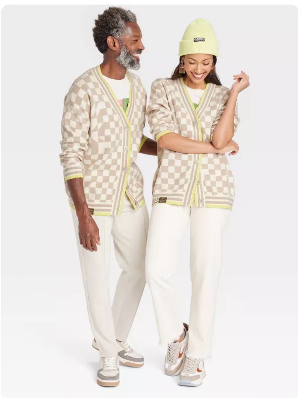 Gee Blend x Target Beige & Cream Checker Cardigan with Neon Yellow Trim